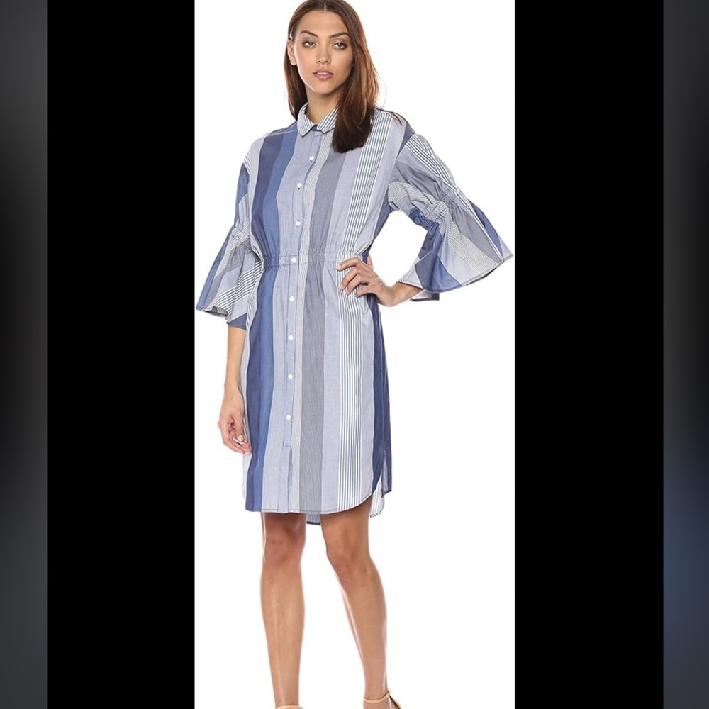 BCBG Striped Button-Down Dress with Bell Sleeves